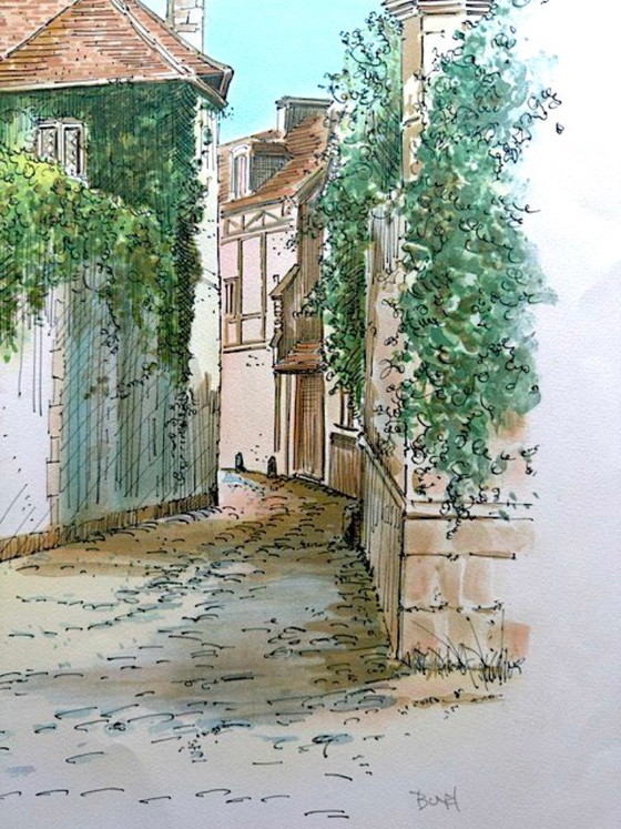 Image 1 of Original lithograph – "French village alley" – Edition 9/25 – Signed (Artist to be identified)