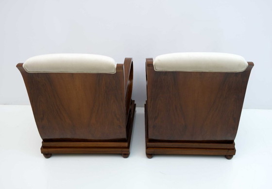 Image 1 of Paire de fauteuils et deux ottomans Art Déco en noyer et velours italiens, années 1920