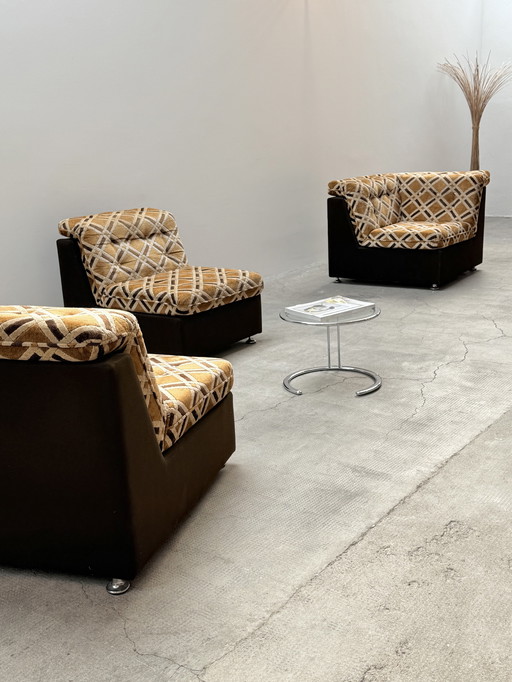 RETRO MODULAR SOFA CHAISELON CHAISELONGUE LAAUSER DESIGN velvet gold brown cream 3 ELEMENTS 1970s