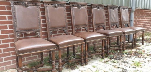 6 antiche leder eetkamer stoelen 