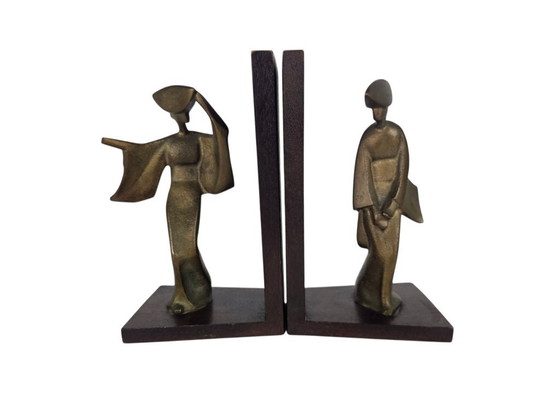 Image 1 of Vintage - Brutalist - Japanese bookends - Geishas - gilded - 2nd half of the 20th century