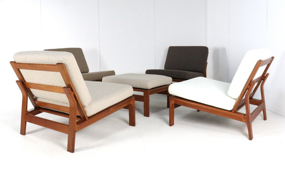 Image 1 of Gruppo di sedute comfort 'Nimtofte' | 4 poltrone + poggiapiedi vintage danese