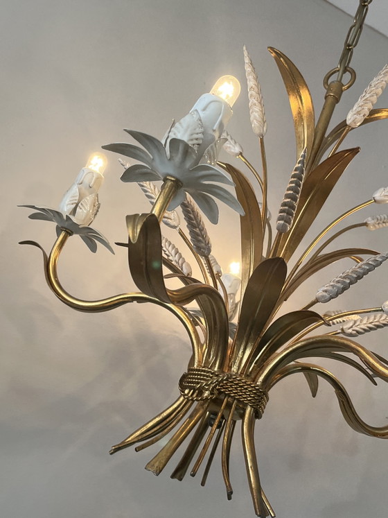 Image 1 of Vintage original design Hans Kögl chandelier pendant lamp gold wheat ears Coco Chanel style