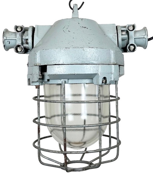 Grey Industrial Bunker Hanging Light with Iron Cage from Elektrosvit, 1970s