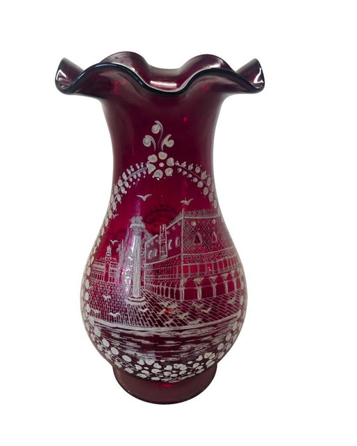 Vintage Bohemian Ruby Red Cut to Clear Glass Vase – Hand Blown Etched City Scene