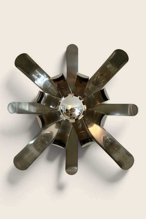 Vintage chrome steel flower Wall light, 70s, Space Age, Michel Boyer, Oxam, Metal, Silver (photo 3 of 6)