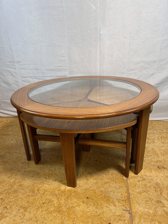 Image 1 of Mid-Century Retro Vintage Teak Round Coffee Table with 3 Nesting Side Tables by G Plan – 1960 Elegant Design | Functional Versa