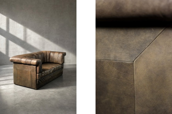 Image 1 of Vintage Duitse brutalistische tweezitsbank in mid-century modern stijl, bruin leer, jaren 70