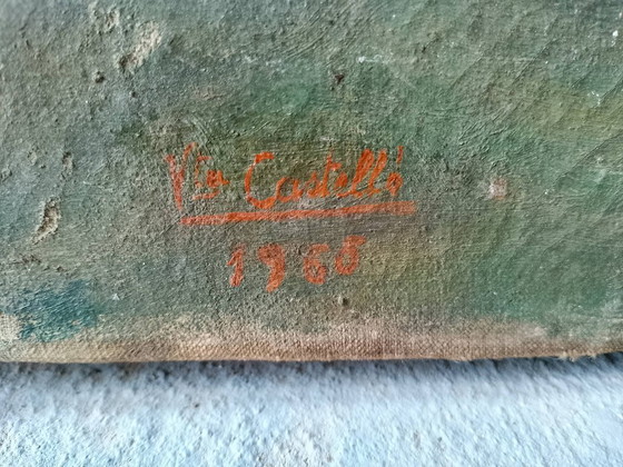 Image 1 of Oud, groot olieverfschilderij op canvas, zeegezicht, gesigneerd 1965.