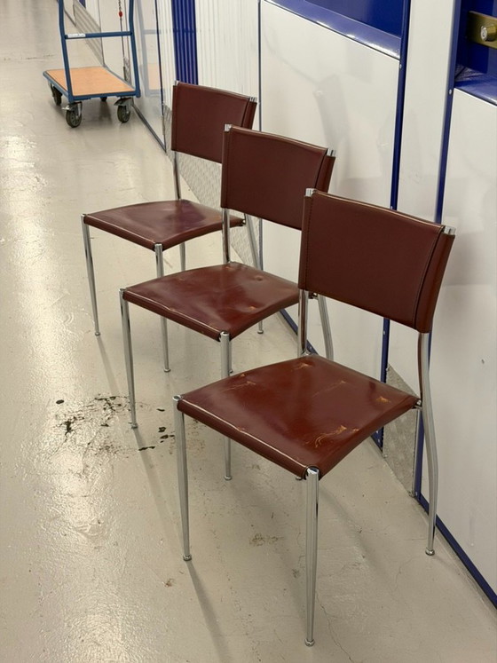 Set of 3 Vintage Fasem "Ginger" Cognac Leather & Chrome Dining Chairs, Italy 1980s – Eetkamerstoelen, Metal (photo 3 of 9)