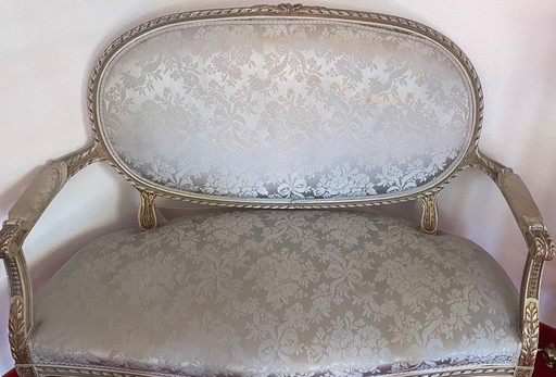 Louis Seize Sitzgruppe: Sofa, 4 Stühle, Tisch