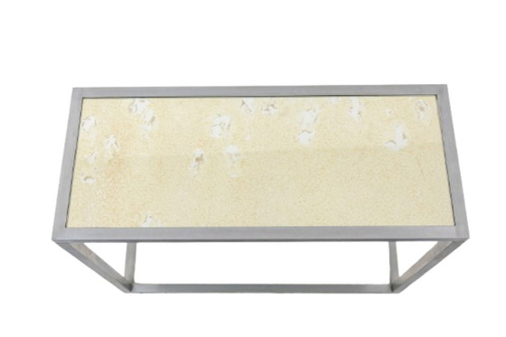 Image 1 of Maison Jansen. Consolle in alluminio spazzolato con piano in vetro verniciato a rovescio. 1970