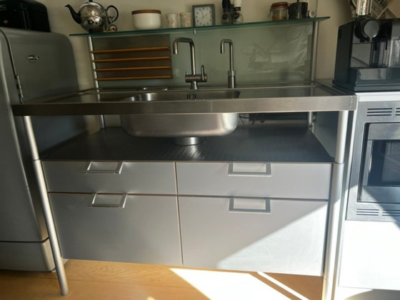 Bulthaup System 20 with Bosch retro refrigerator and oven/microwave block, Furniture, Glass, Metal, Brown (photo 12 of 16)
