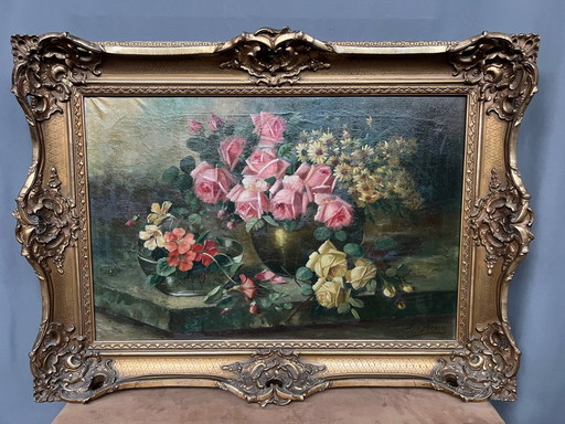 Jan van Steensel, Naturaleza muerta con rosas. Hermoso marco. – schilderijen tekeningen, Canvas (photo 2 of 9)
