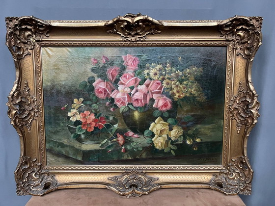 Jan van Steensel, still life with roses. Beautiful frame. – Paintings & Drawings, Canvas (photo 2 of 9)
