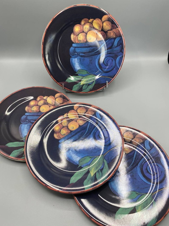 Gien Cueillette Collection, 8 Faience Pieces, Fruit Still Lifes Signed D. Lalande, Black Background (photo 6 of 9)