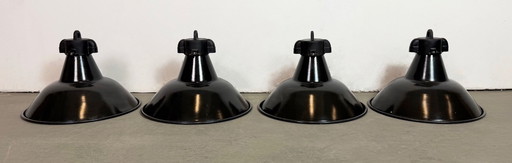 Set of 4 Industrial Black Enamel Factory Lamps with Cast Iron Top, 1950s