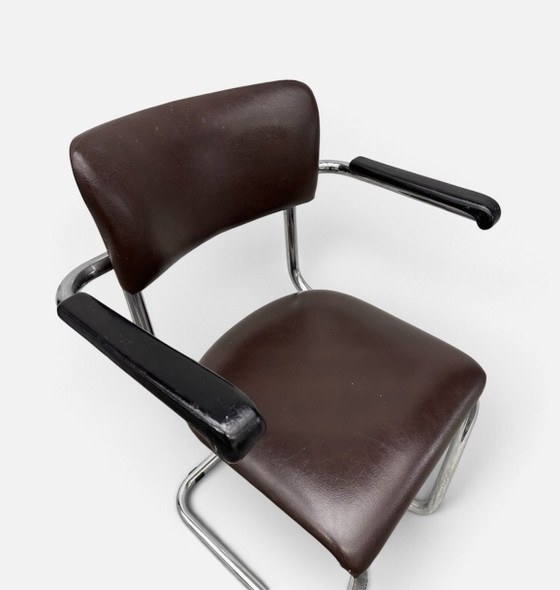 1970s brown leather Tubax tubular frame chair, Armchairs, Metal, Chrome, Black (photo 5 of 6)