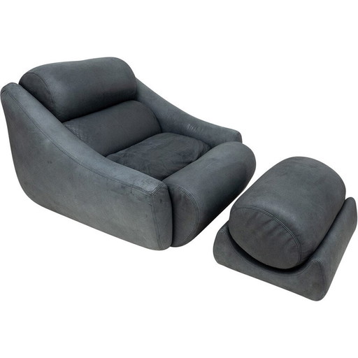 Poltrona vintage con pouf in pelle, 1970
