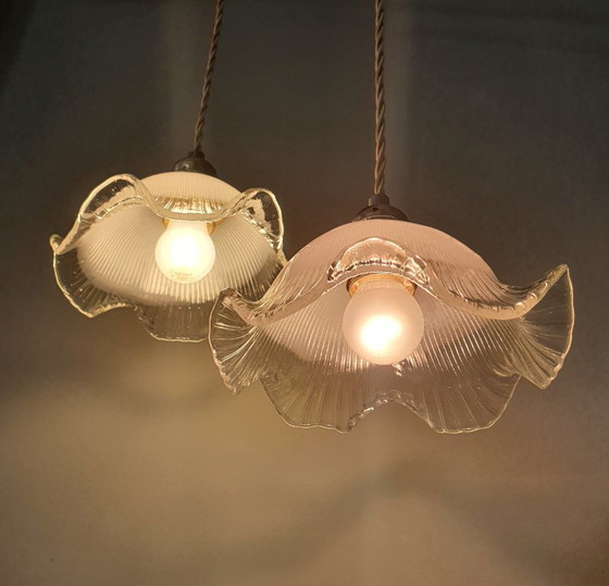 Set di 2 lampade a sospensione vintage in vetro bianco satinato, forma floreale, texture – Metal (photo 12 of 23)