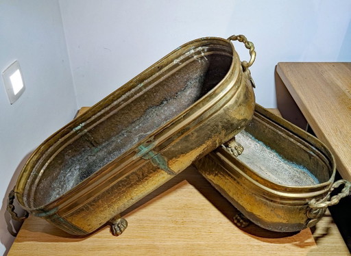 Coppia di grandi vasi per piante antichi con zampe di leone