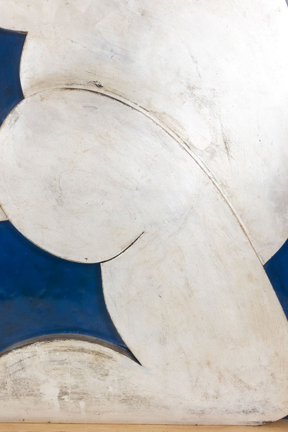 Image 1 of Silver bas-relief panel "The Acrobat" on a blue background. Contemporary.