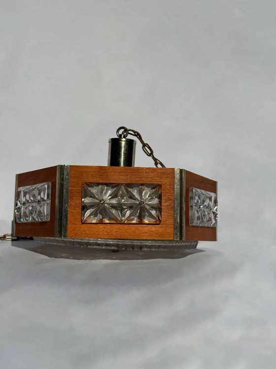 Bohemia Crystal Chandelier, Mid-Century Modern, Czechoslovakia, 1960s, Wood, Glass, Brown (photo 2 of 6)