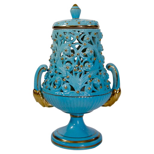 Tommaso Barbi Encendedor de Mesa de Cerámica Azul Glaseada y Metal Tono Latón, Italia Años 70