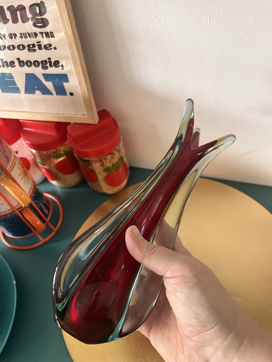 Image 1 of Vaso vintage di Murano – rosso con vetro Sommerso blu-verde – anni '60
