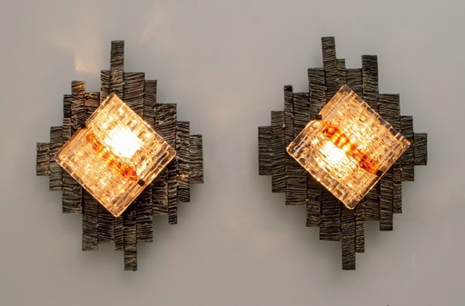 Pair of Albano Poli Brutalist Style Murano Glass Sconces by Poliarte, 1970s