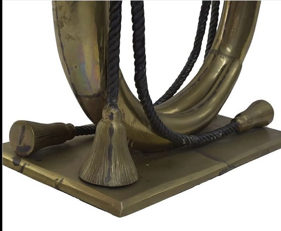 Image 1 of Beautiful brass and bronze elephant tusk console table with stone top and original patina - Made in Italy in the 60s