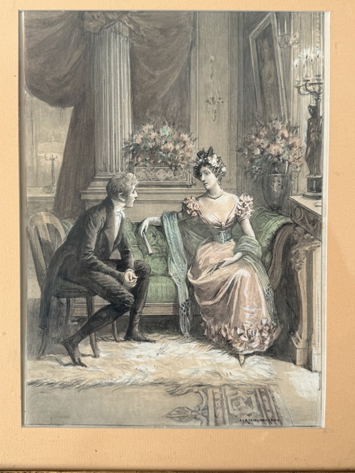 Original Adrien Moreau (1843-1906) Aquarell mit Goldrahmen