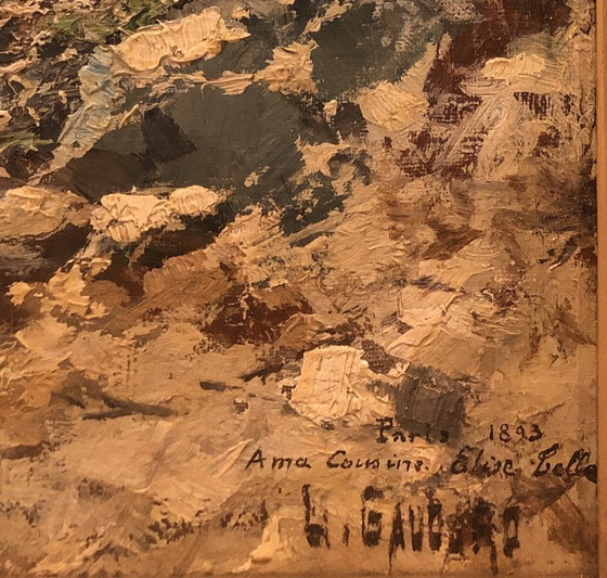 Image 1 of Huile sur toile ancienne signée, paysage de sous-bois 1893, cadre doré