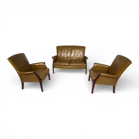 Image 1 of Froxfield 2 leather armchair and leather sofa set, moss green, by Parker Knoll, 1960