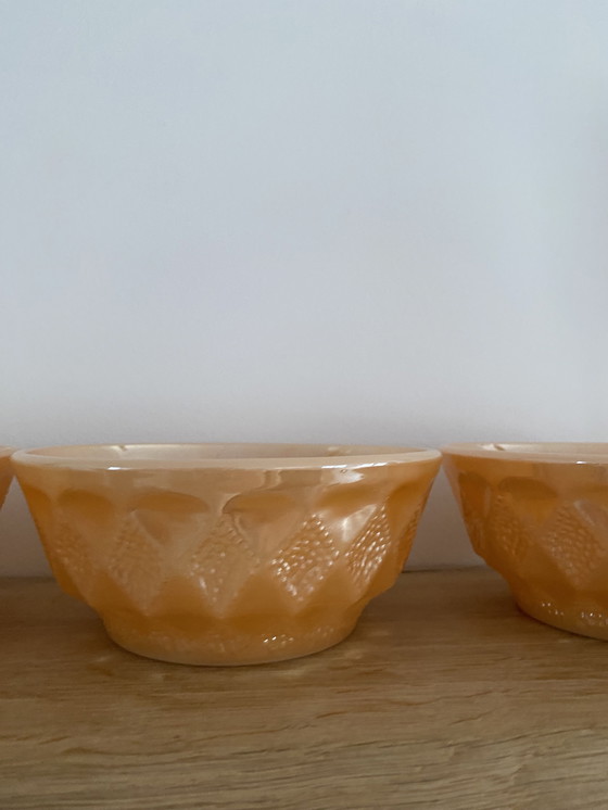 Image 1 of Vintage Fire King melkglazen Kimberly Peach Luster ontbijtkommenset