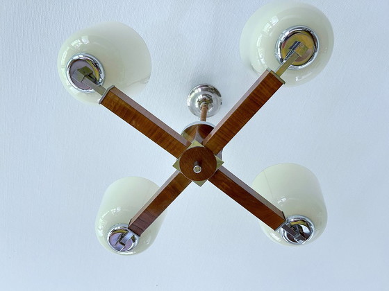 Image 1 of Lampe pendante Art Déco en bois et verre chromé