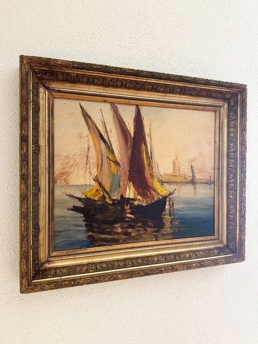 A very old Impressionist painting of a Mediterranean port