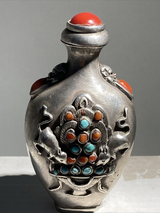 Image 1 of Antique kohl bottle, partially made of silver, inlaid with turquoise and coral