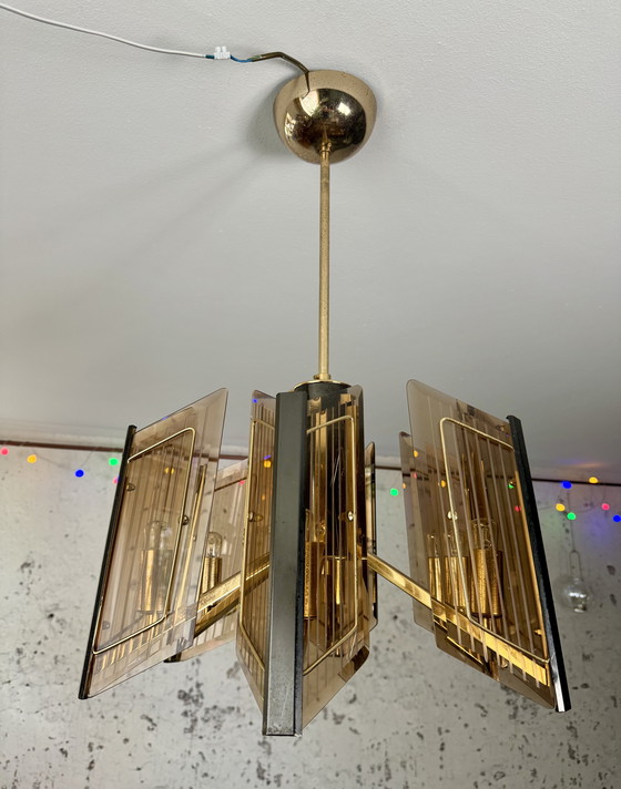 Image 1 of Massive Vintage Design Brass Chandelier With Etched Glass