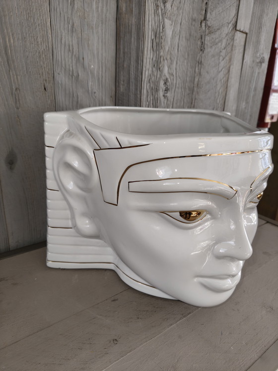 Image 1 of Antica Athena Pharaoh Keramik-Blumentopf aus den 80er Jahren, weiß, mit 24-karätigem Gold, italienischer Blumentopf