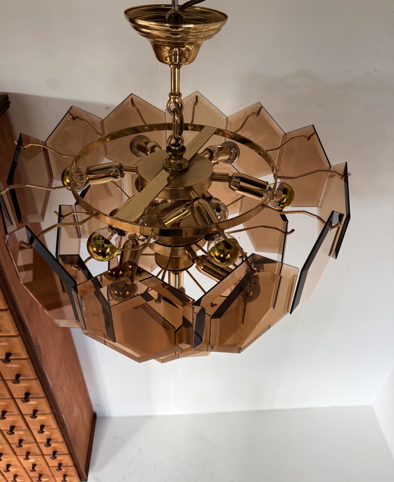 Image 1 of Vintage hexagon rookglazen kroonluchter, Italië ‘70