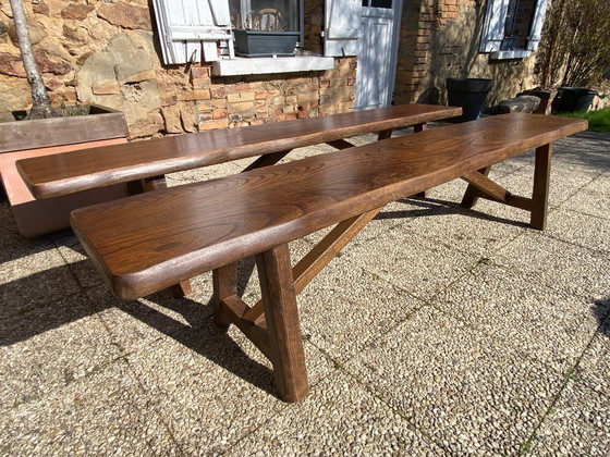 Image 1 of Pair of elm benches for a rustic brutalist farmhouse table, 1950s