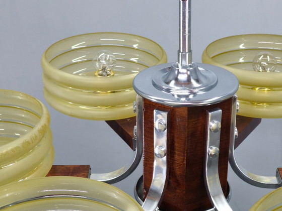 Image 1 of Art Deco Chrome and Walnut Chandelier, Czechoslovakia, 1930s