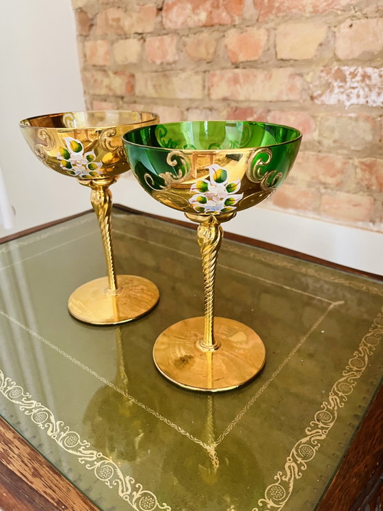 Luxury Set of 2 Vintage Coupes – Bohemian Crystal & 24k Gold – Glass & Decanter, Glass (photo 2 of 8)