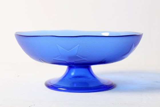 Image 1 of Blue Pressed Glass Pedestal Bowl with Stars Pattern / Italy / 2000s
