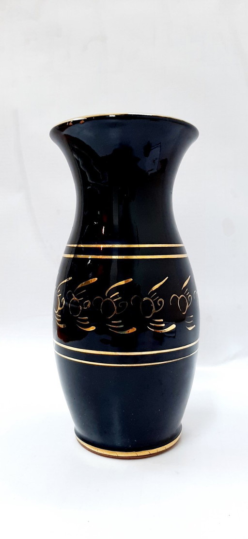 Vaso vintage in ceramica smaltata nera 21 cm