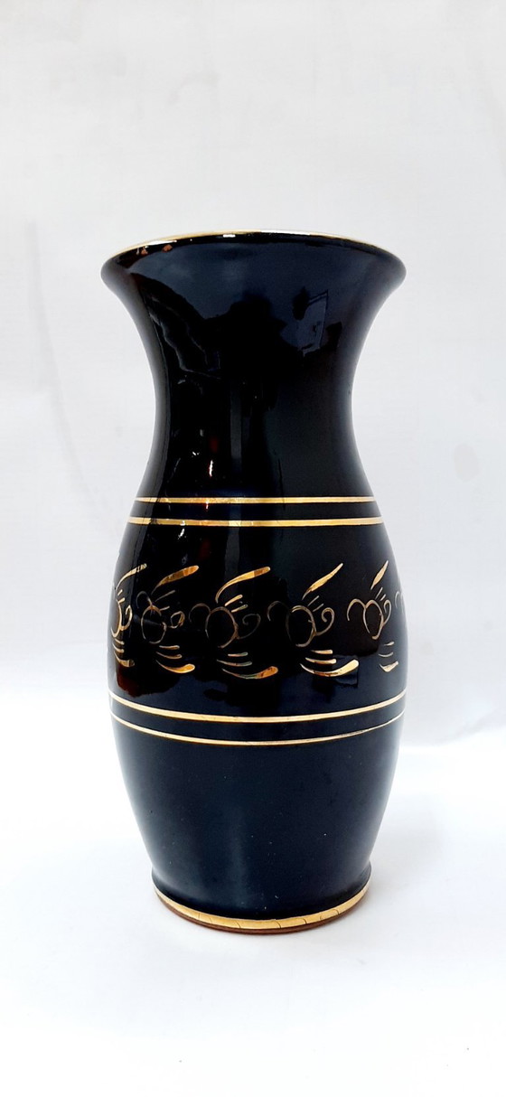 Image 1 of Vintage zwarte glazuur keramische vaas 21 cm