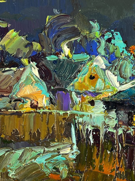 Image 1 of Peinture à l'huile originale représentant un paysage champêtre nocturne au clair de lune dans un village