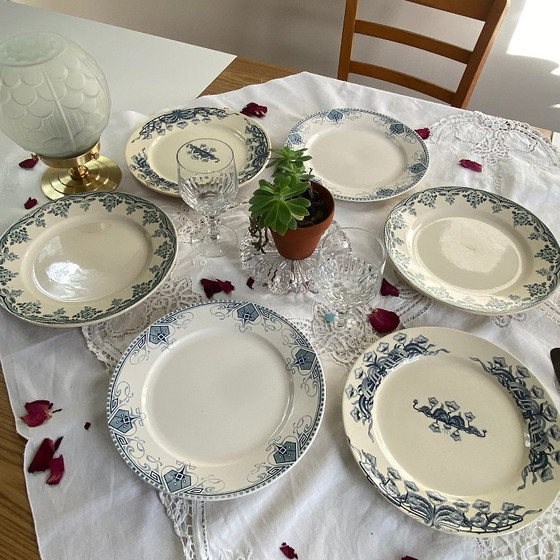 Image 1 of Set of 6 mismatched ironstone dinner plates, antique Sarreguemines earthenware, Choisy le Roi Boulanger