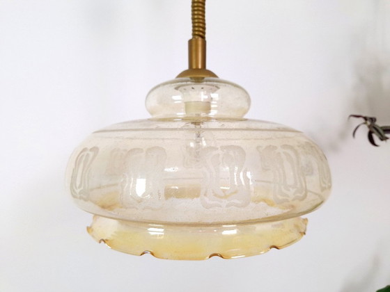 Image 1 of Vintage Amber Pendant Light / Retro Hanging Ceiling Lamp / Mid Century Style Lighting / Ruffled Edge Ceiling Lamp